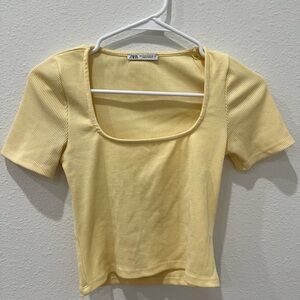 Zara Women's Yellow Ribbed Square Neck Top